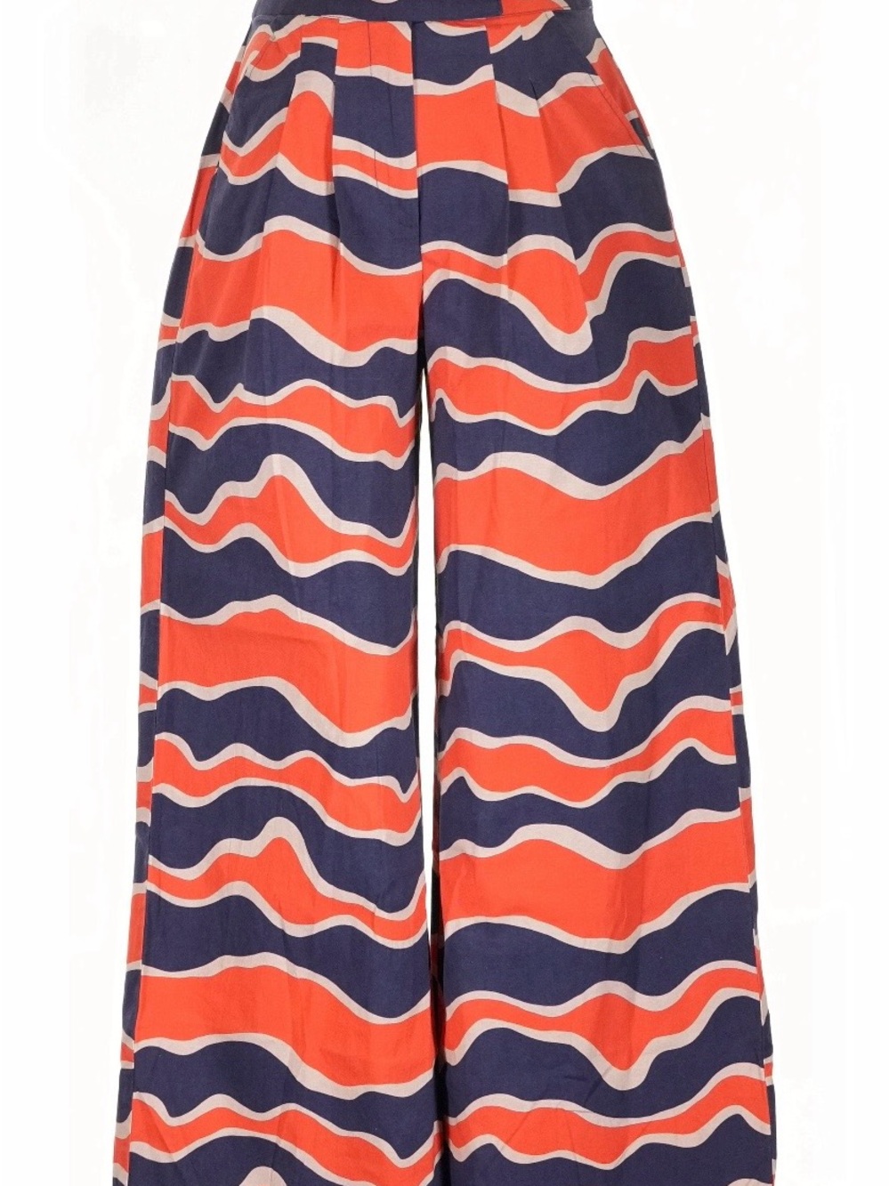 Wide-Leg Wave Print Pants in Navy & Coral